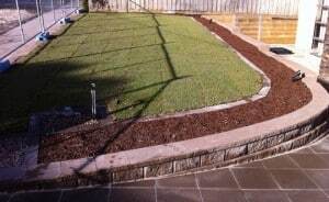 Landscape design with stone path and green lawn