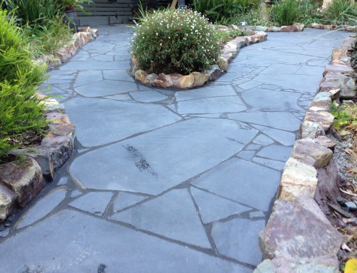 "Beautifully landscaped backyard with stone pathways"