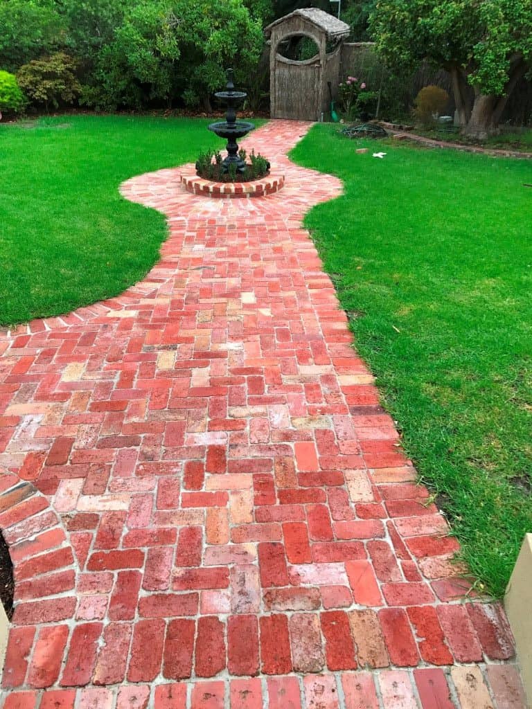 Recycled brick garden path, fountain, garden, grass, lawn