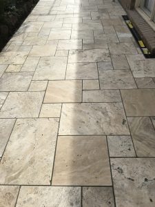 "Garden with stone paving and lush greenery"